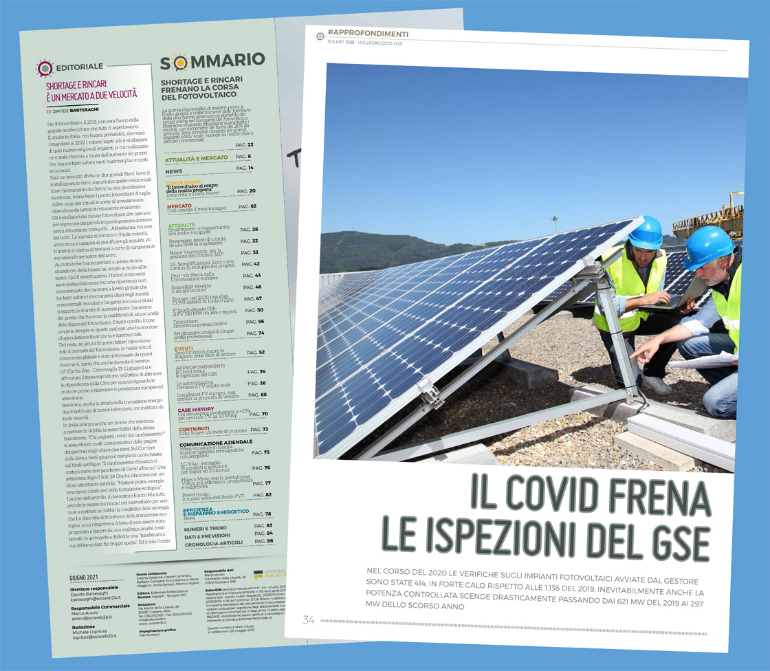 Sommario del numero di luglio/agosto 2021 della rivista SolareB2B