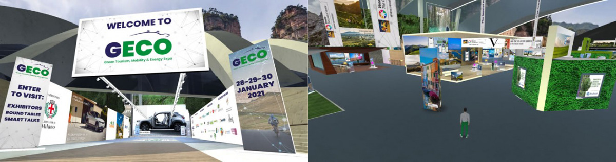 Schermate delle aree virtuali della fiera GECO EXPO