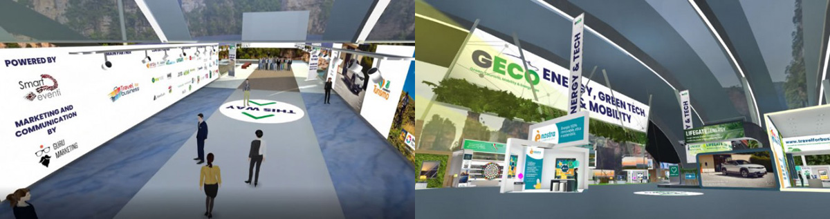 Schermate delle aree virtuali della fiera GECO EXPO
