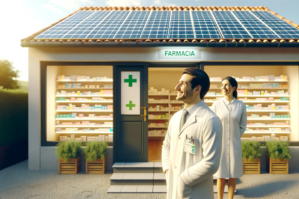 Una farmacia dotata di impianto fotovoltaico sul tetto con farmacisti felici