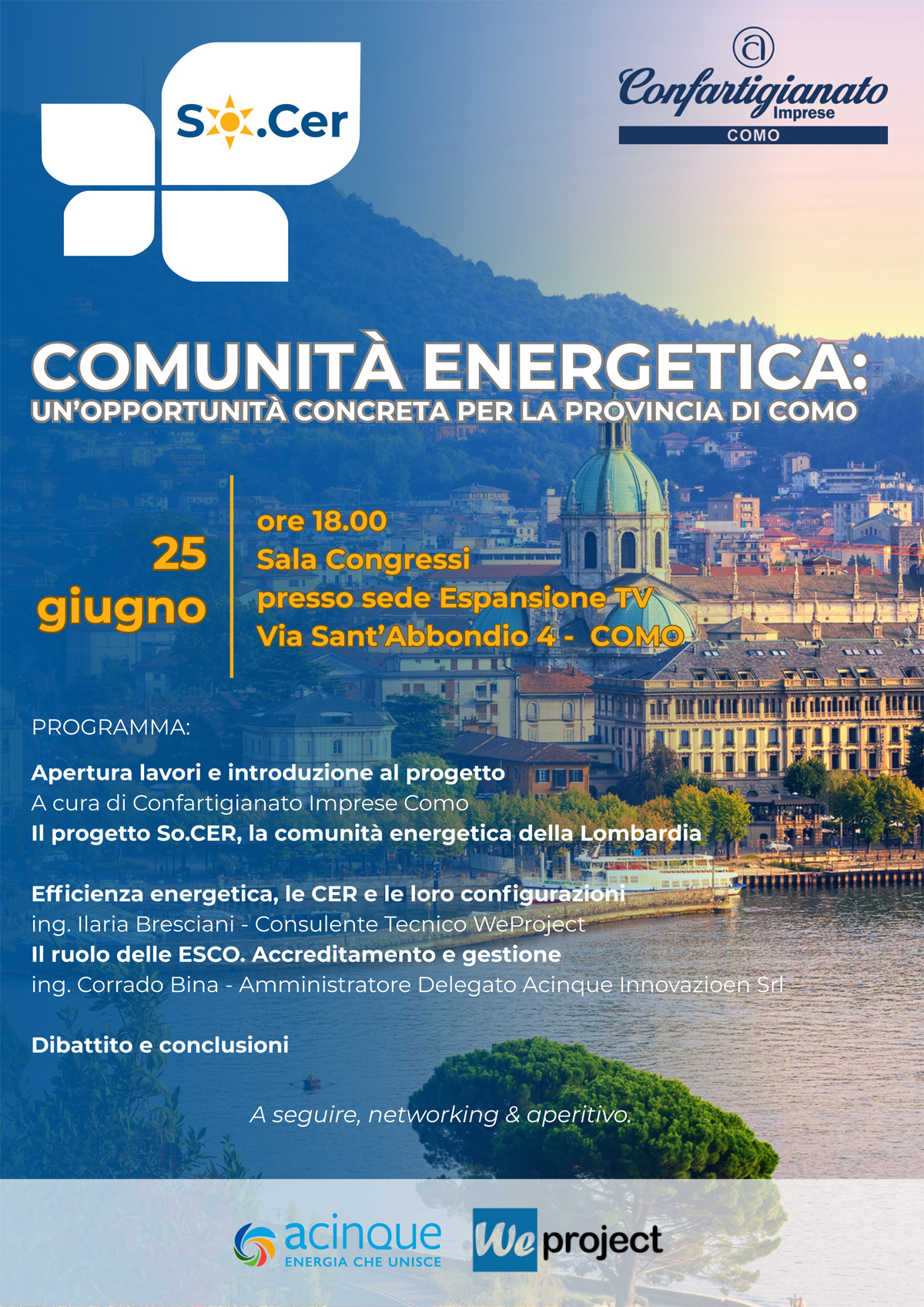 La locandina dell'evento di presentazione della CER So.CER a Como il 25 giugno 2025
