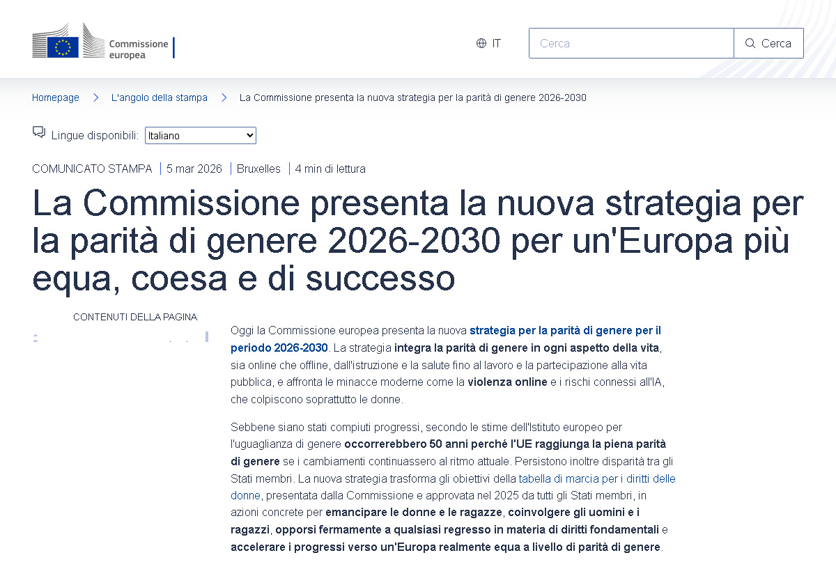 La strategia UE 2026–2030 per la parità di genere sul sito web della Commissione