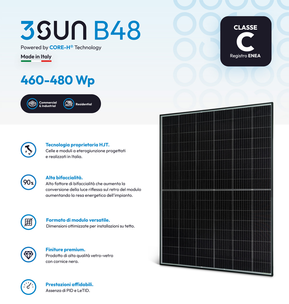La scheda tecnica del pannello fotovoltaico di Classe C 3SUN B48