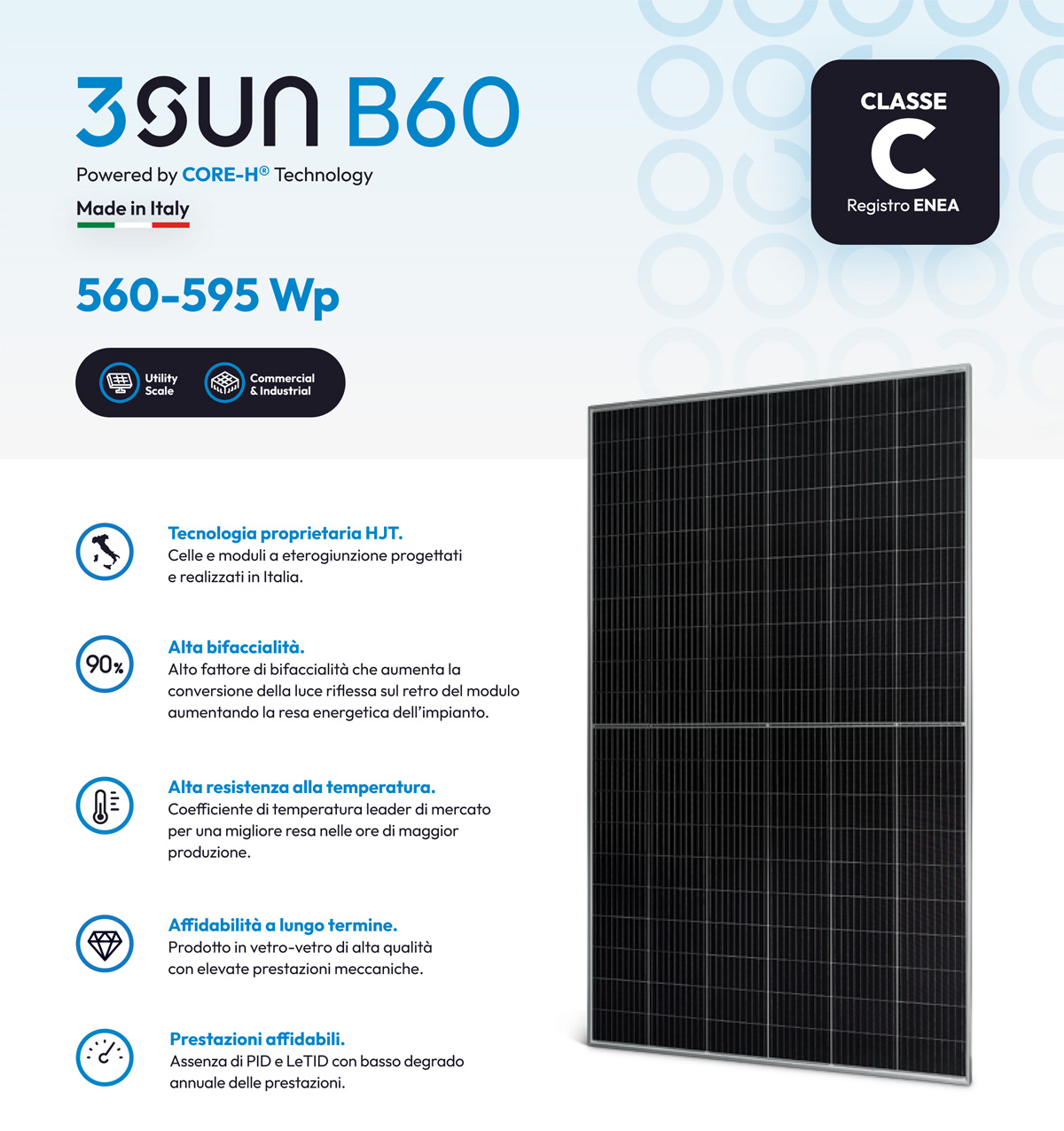 La scheda tecnica del pannello fotovoltaico di Classe C 3SUN B60