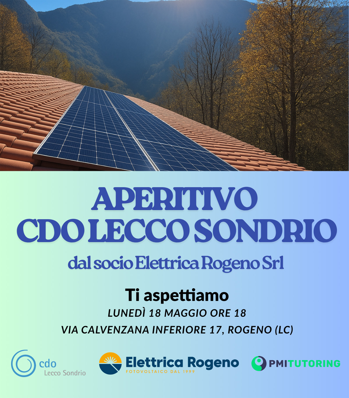 La locandina ufficiale dell'aperitivo Cdo Lecco Sondrio dal socio Elettrica Rogeno