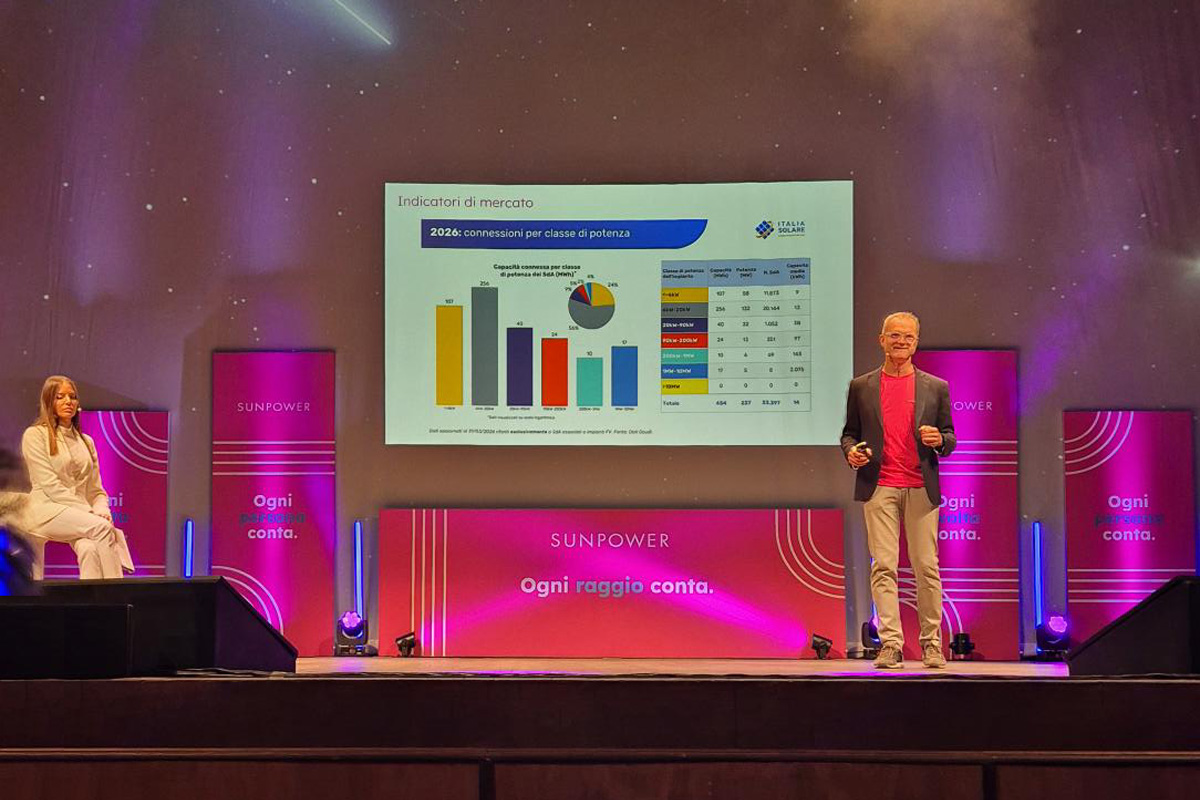 Un momento della SunPower Partner Conference 2026 al Teatro Sociale di Bergamo con Fabio Bacchin