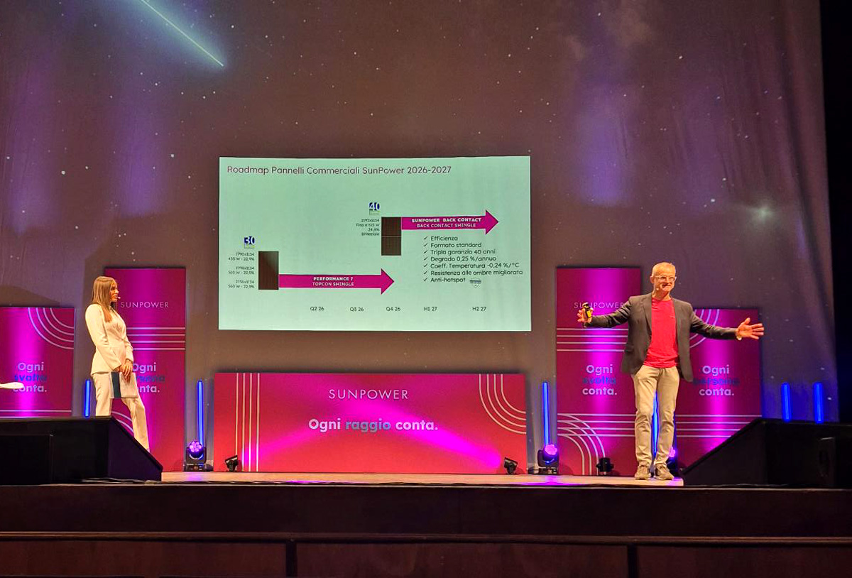 Un momento della SunPower Partner Conference 2026 al Teatro Sociale di Bergamo con Fabio Bacchin