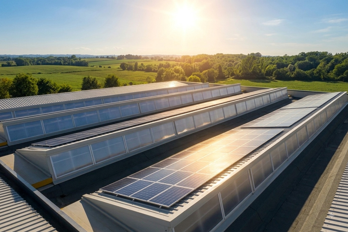 Capannone industriale con coperture a shed sfruttate per l'installazione di un impianto fotovoltaico